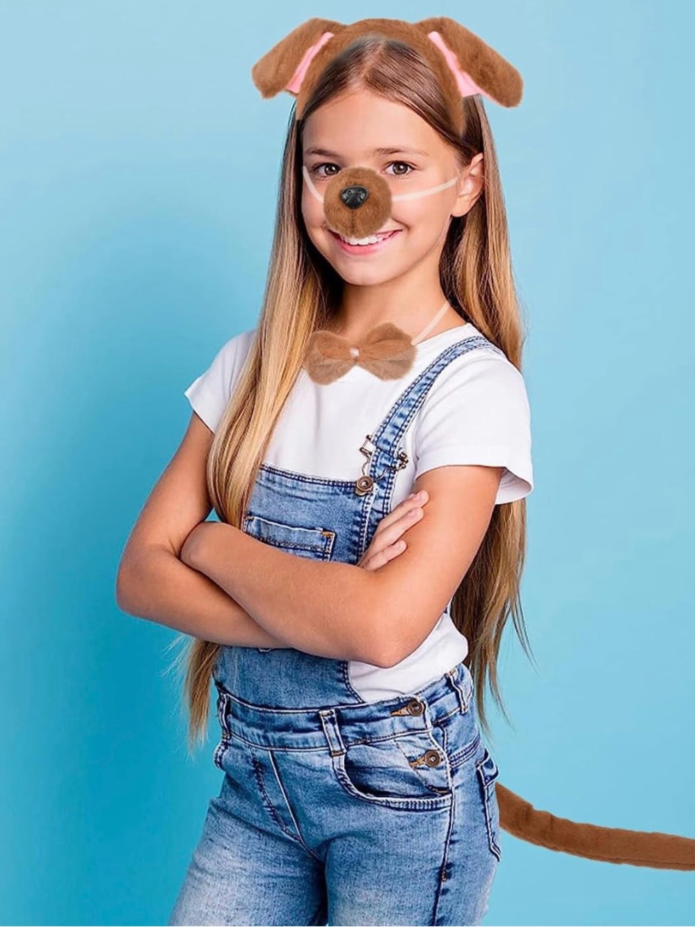 Plush Brown Dog Ear, Nose, Tail & Bow Tie Dress-Up Set for Kids or Adults